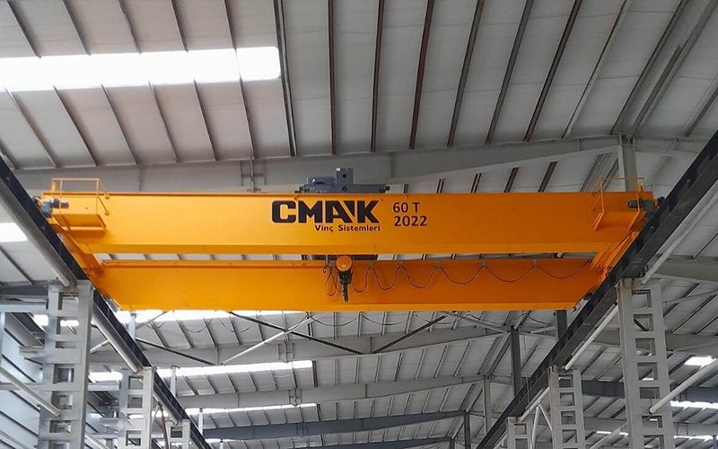 Heavy duty double girder overhead crane inside warehouse.